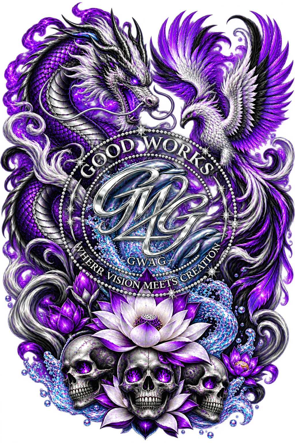 Chrome Dragon Phoenix Skull & Lotus Fantasy PNG