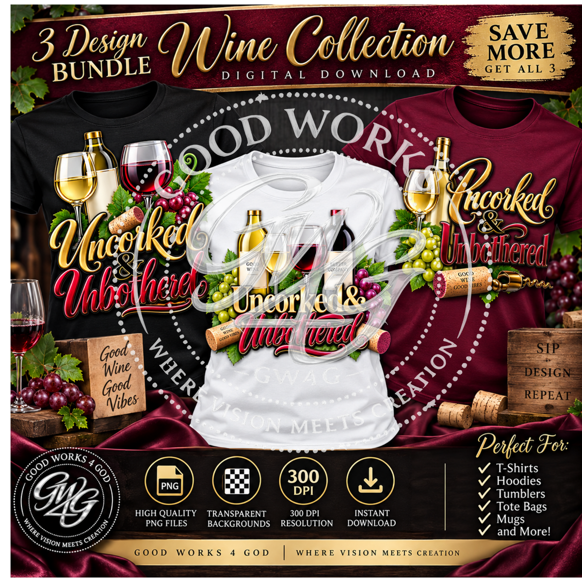 Uncorked & Unbothered – 3 Design Wine PNG Bundle